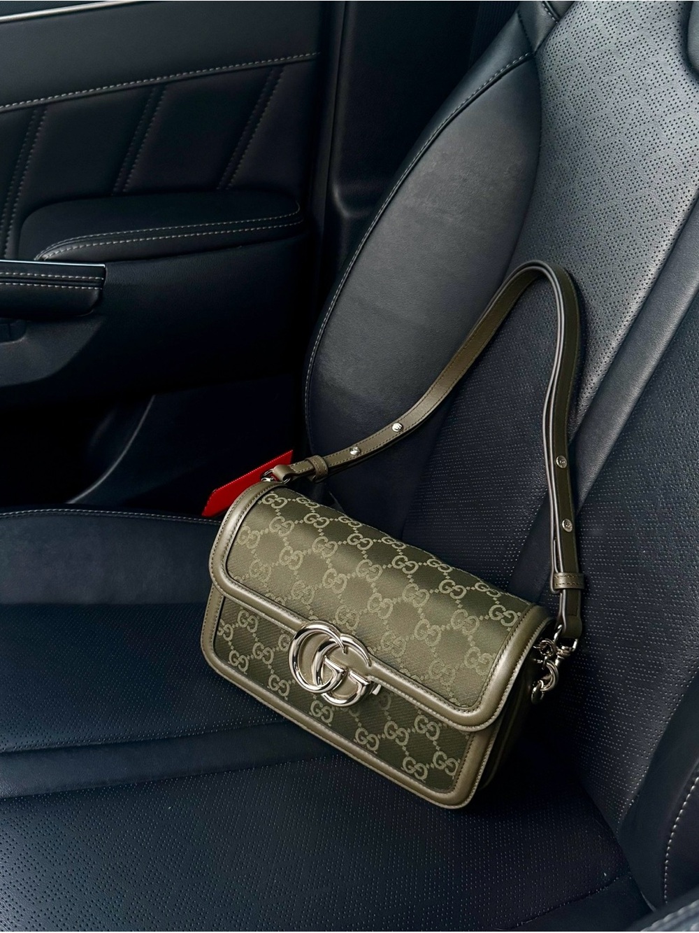 Gucci Olive GG Supreme Shoulder Bag with Silver Hardware